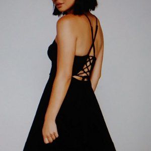 Juniors Black Shimmery Velvet Lace-Up Back Skater Dress